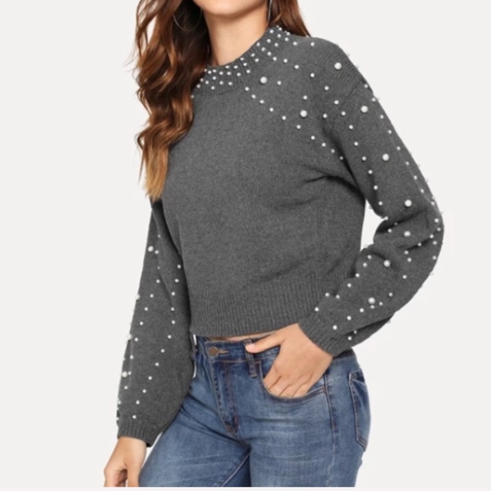 🔹Last 1🔹Sweater w/ Pearl Beads & Lantern Sleeves - Picture 2 of 8